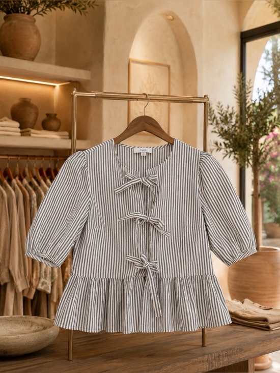 CeCe Tops - CeCe Blue & White Striped Bow Front Peplum Blouse Size M